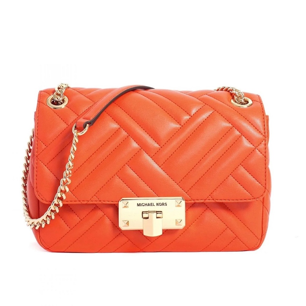 NWT Michael Kors Peyton Medium Quilted Flap Chainlink Shoulder Bag In Mandarin